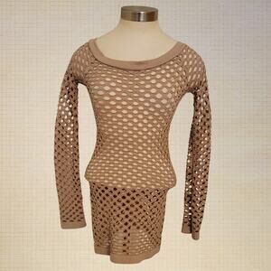 Sarella Mesh Long Sleeve Mini Dress Wide Neck Beige Size 0 Stretchy